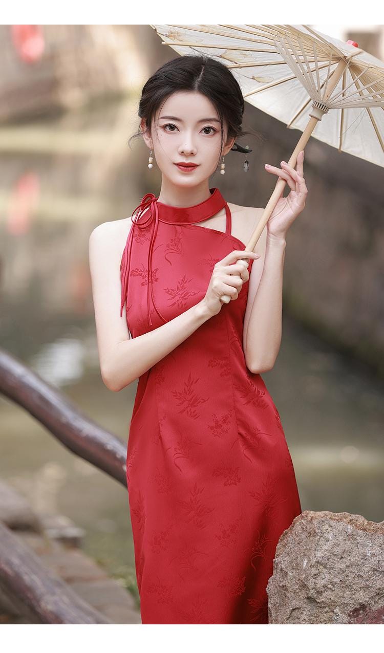 Wine Red Sleeveless Cheongsam Simple Wedding Dress Summer Chinese Qipao Daily Wear Halterneck dress ball gowns tea ceremony dress