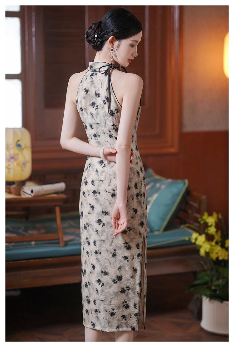 Halterneck Sleeveless Cheongsam Summer Chinese Qipao, Floral Pattern Daily Wear Dress Asian Dress 90s Prom Dress Modern Ball Gown