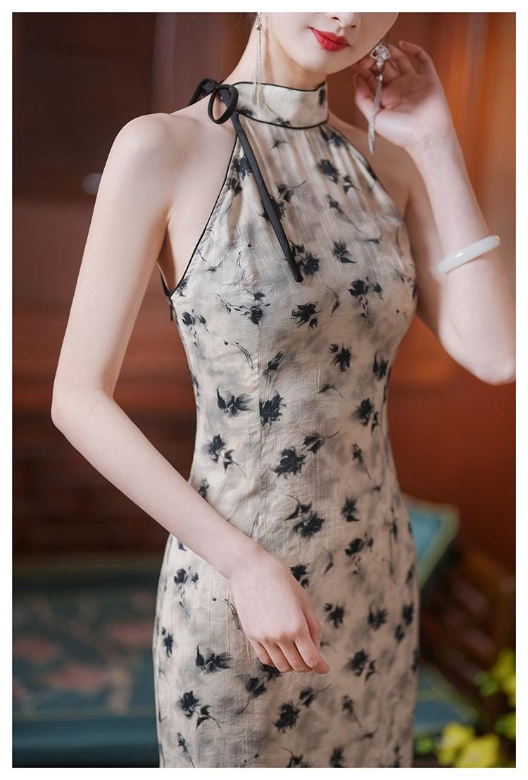 Halterneck Sleeveless Cheongsam Summer Chinese Qipao, Floral Pattern Daily Wear Dress Asian Dress 90s Prom Dress Modern Ball Gown