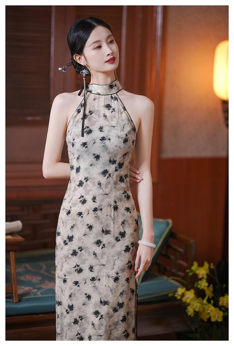 Halterneck Sleeveless Cheongsam Summer Chinese Qipao, Floral Pattern Daily Wear Dress Asian Dress 90s Prom Dress Modern Ball Gown