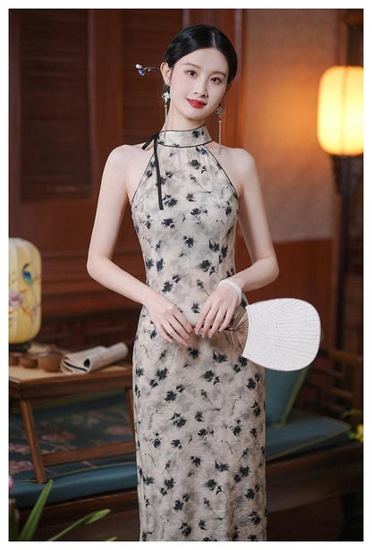 Halterneck Sleeveless Cheongsam Summer Chinese Qipao, Floral Pattern Daily Wear Dress Asian Dress 90s Prom Dress Modern Ball Gown