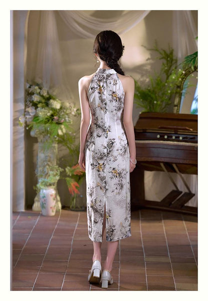 Sleeveless Cheongsam, Summer Chinese Qipao, long length Daily Wear Halterneck dress Modern Chinese Dress Bridesmaid dress