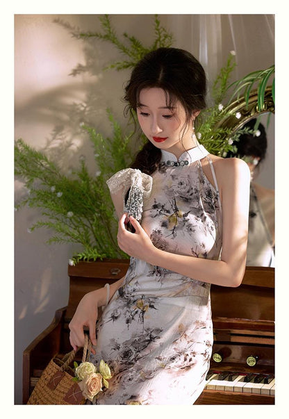 Sleeveless Cheongsam, Summer Chinese Qipao, long length Daily Wear Halterneck dress Modern Chinese Dress Bridesmaid dress