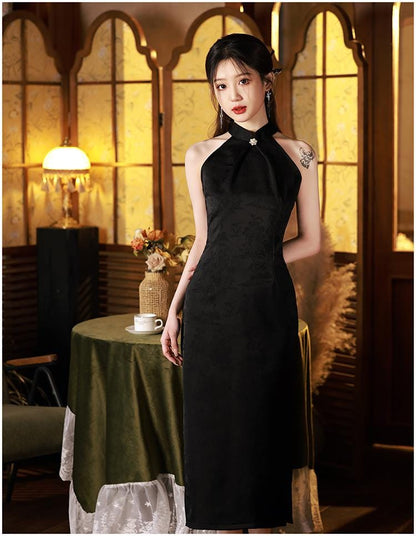 Black Sleeveless Cheongsam, Summer Chinese Qipao, Halterneck dress, Dinner Dress Party Dress Cocktail Party Dress