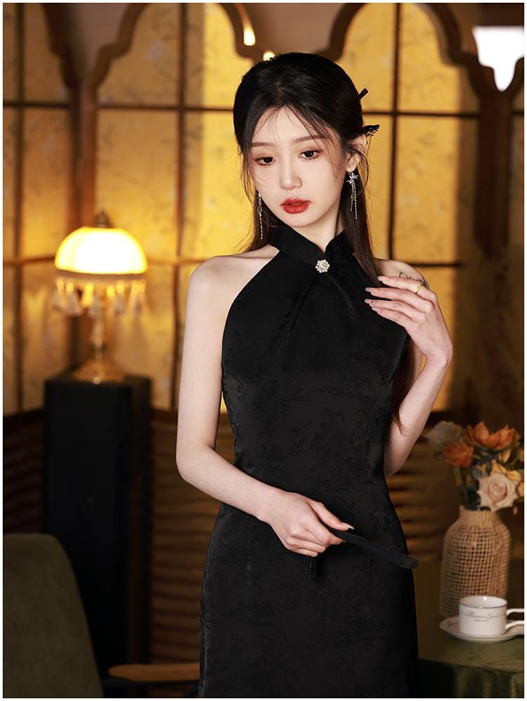 Black Sleeveless Cheongsam, Summer Chinese Qipao, Halterneck dress, Dinner Dress Party Dress Cocktail Party Dress