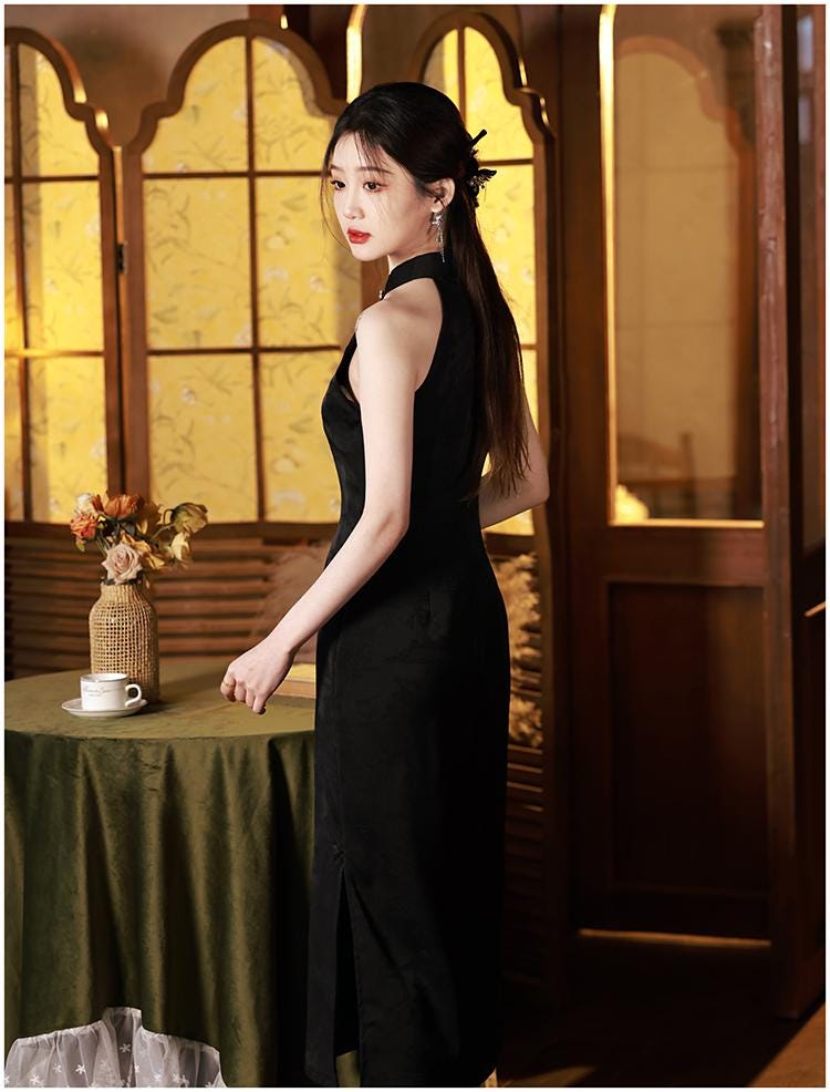 Black Sleeveless Cheongsam, Summer Chinese Qipao, Halterneck dress, Dinner Dress Party Dress Cocktail Party Dress