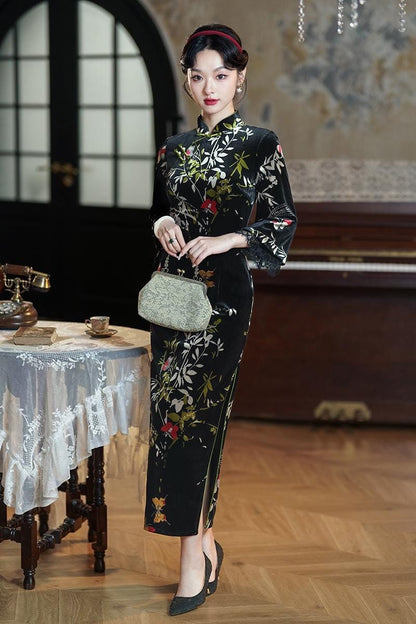 Black Velvet Chinese Qipao Dress Cheongsam Chipao Dress Big Sleeves Dress