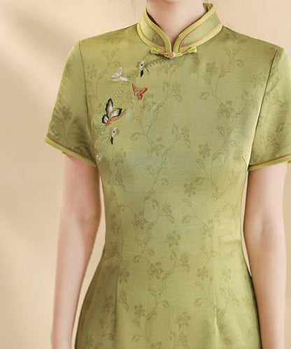 Green Silk-like Long Cheongsam Modern Chinese Qipao