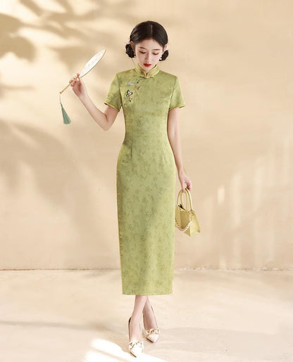 Green Silk-like Long Cheongsam Modern Chinese Qipao