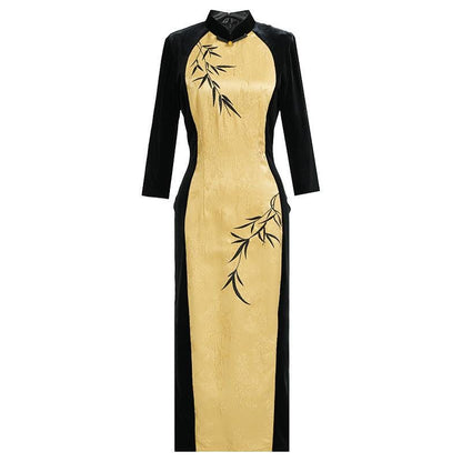 Yellow with Black Fall Chinese Qipao Dress Cheongsam