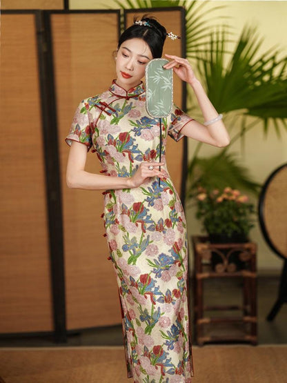 Flower Pattern Long Cheongsam Modern Chinese Qipao