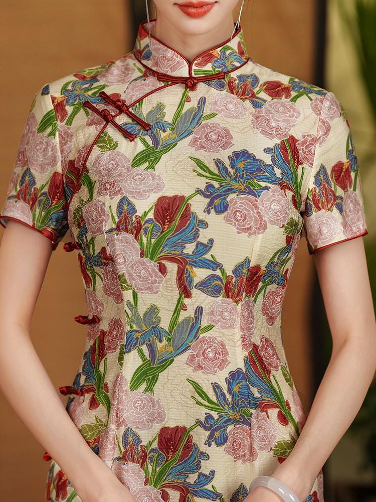 Flower Pattern Long Cheongsam Modern Chinese Qipao