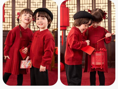 Boy's Sweater Girl's Qipao Pattern long-sleeve Shirt Children's Chinese New year cheongsam outfit Traditional Red Dress for Girl