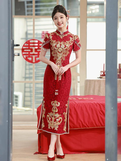 Red Traditional Chinese Wedding Dress Cheongsam Qipao Dress Long Tea Ceremony Dress Bridal Shower Dress