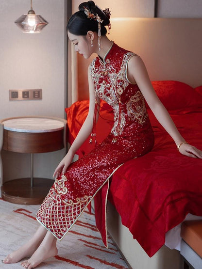 Red Traditional Chinese Wedding Phoenix Xiuhe Dress Cheongsam Qipao Dress Long Tea Ceremony Dress Bridal Shower Dress Removable sleeves