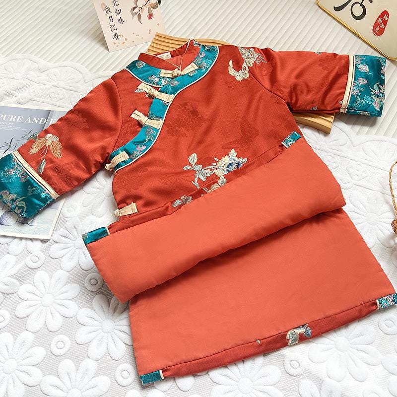 Girl's Qipao Traditional long-sleeve thick children's cheongsam flower girl dress Orange New Year outfit