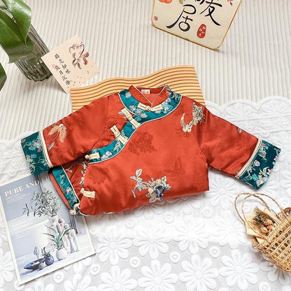 Girl's Qipao Traditional long-sleeve thick children's cheongsam flower girl dress Orange New Year outfit