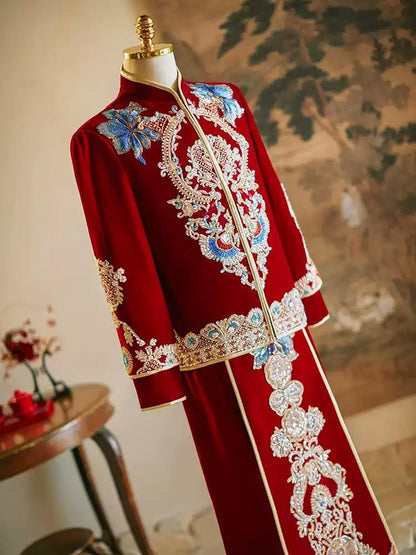 Traditional Chinese Groom Suit Red Wedding Xiuhe Velvet Tea Ceremony For men Red Gown Plus Size Kimono