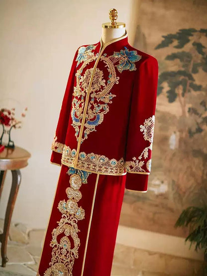 Traditional Chinese Groom Suit Red Wedding Xiuhe Velvet Tea Ceremony For men Red Gown Plus Size Kimono