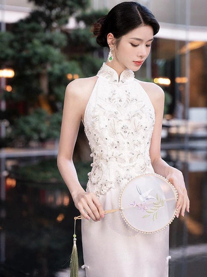 Satin White Modern Chinese Wedding Dress Halter Neck Off-Shoulder Cheongsam Traditional Tea Ceremony Engagement Qipao Slim-fit Morning Robe