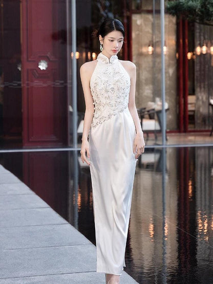 Satin White Modern Chinese Wedding Dress Halter Neck Off-Shoulder Cheongsam Traditional Tea Ceremony Engagement Qipao Slim-fit Morning Robe