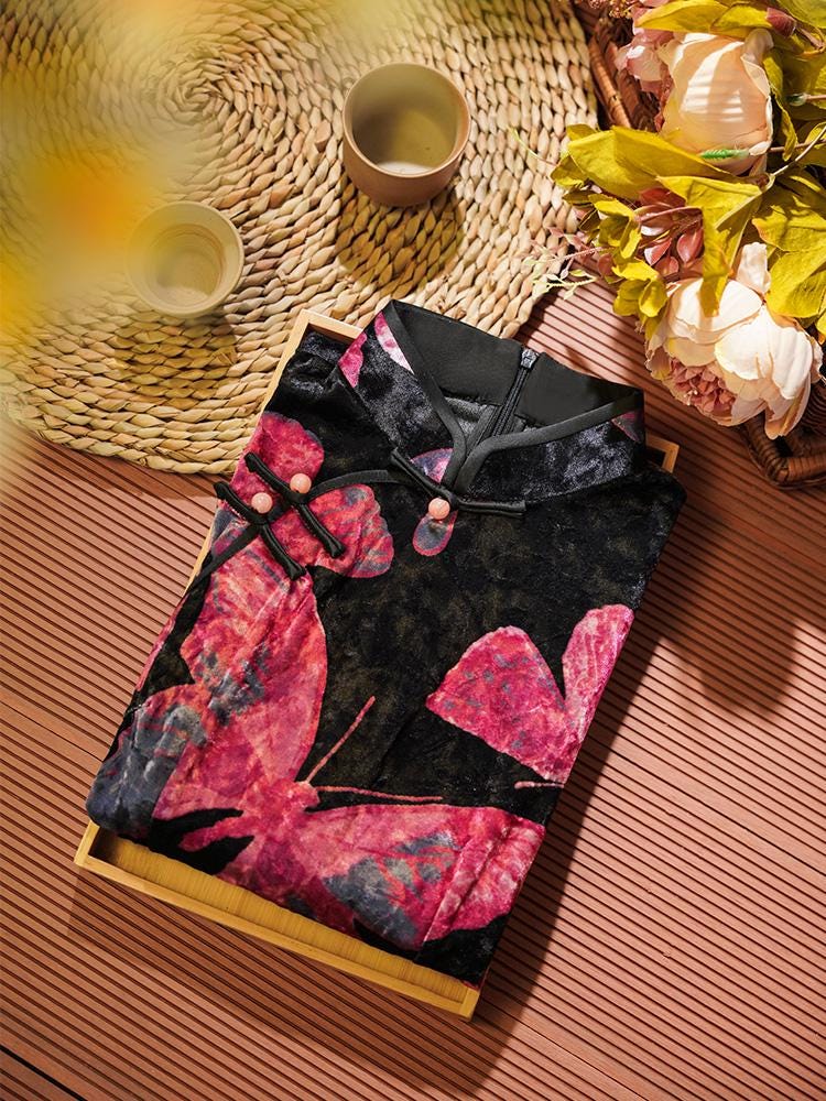 Black Sleeveless Cheongsam With Butterfly Pattern, Velvet Modern