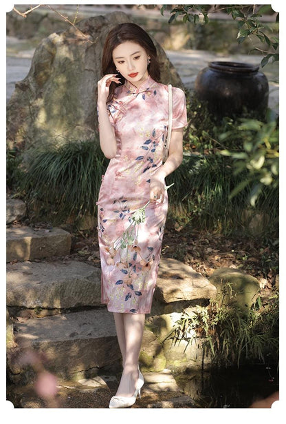 Pink Cheongsam Modern Chinese Qipao Flower Pattern