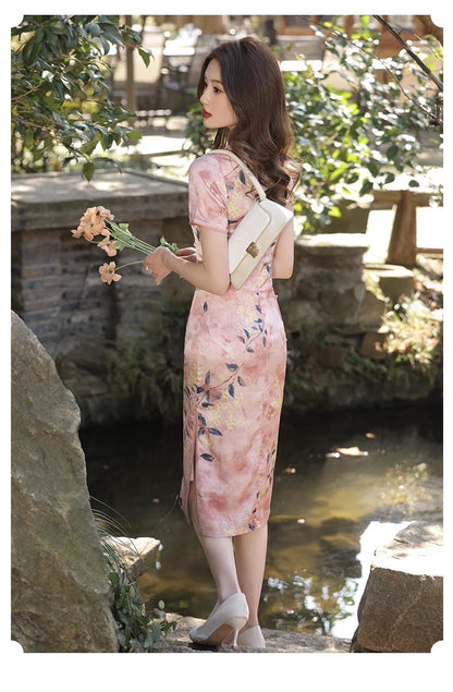 Pink Cheongsam Modern Chinese Qipao Flower Pattern