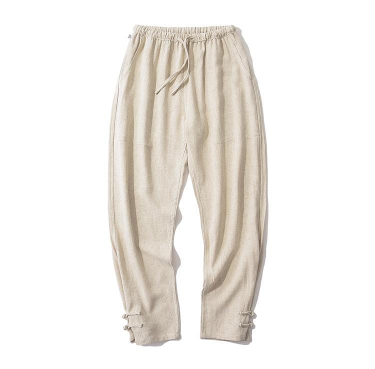 Linen Cotton Tang Trousers for Men Chinese Pants Long Plus Size