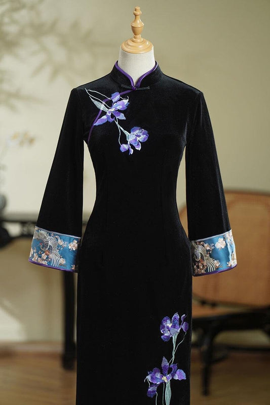 Velvet Fall Chinese Qipao Dress Cheongsam Traditional Chinese Chipao Dress Long dress Prom dress blue and white porcelain