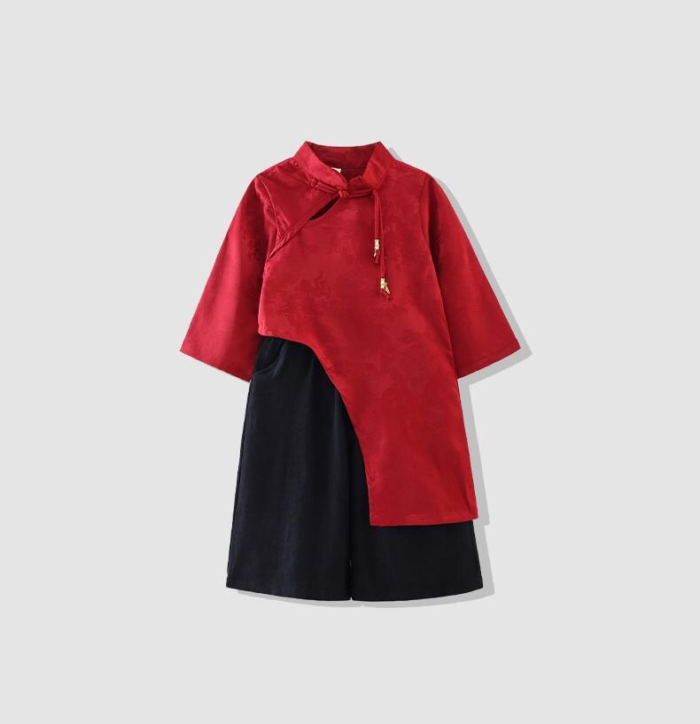 Girl/ Boy Kids long-sleeve Shirt Children's Chinese New year cheongsam outfit Traditional pattern Red Clothes for Kids Shirt and Pants