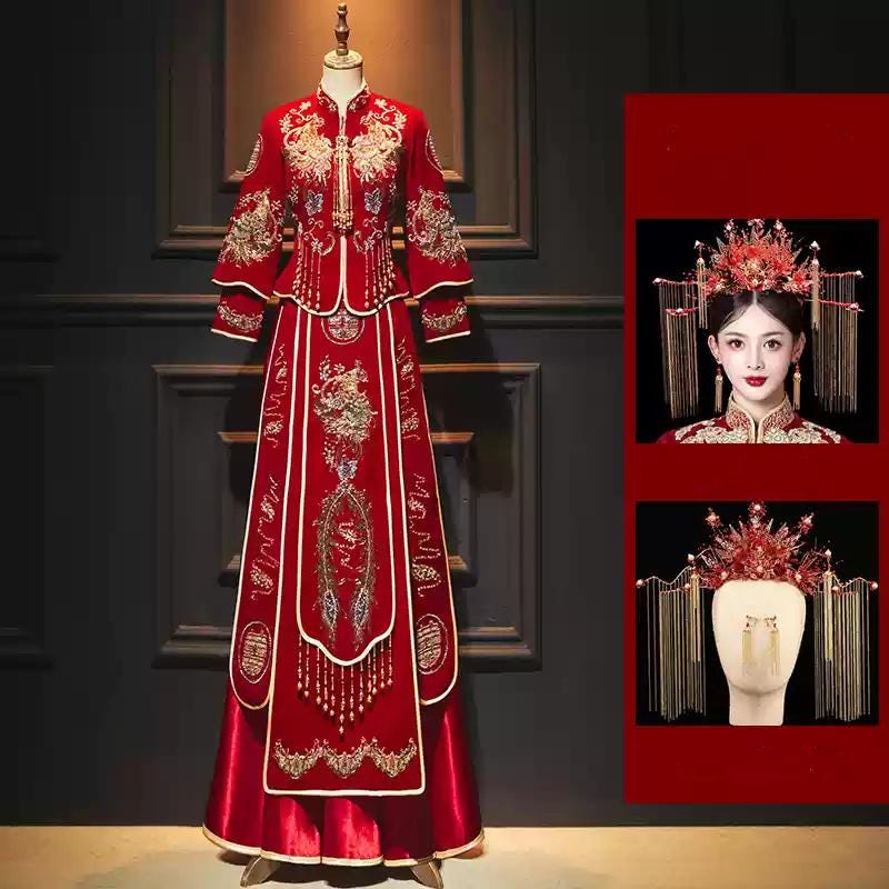 Red Traditional Chinese Bridegroom Wedding Xiuhe Phoenix Diamond Tea Ceremony Bridal Gown Crown headwear Plus Size Kimono