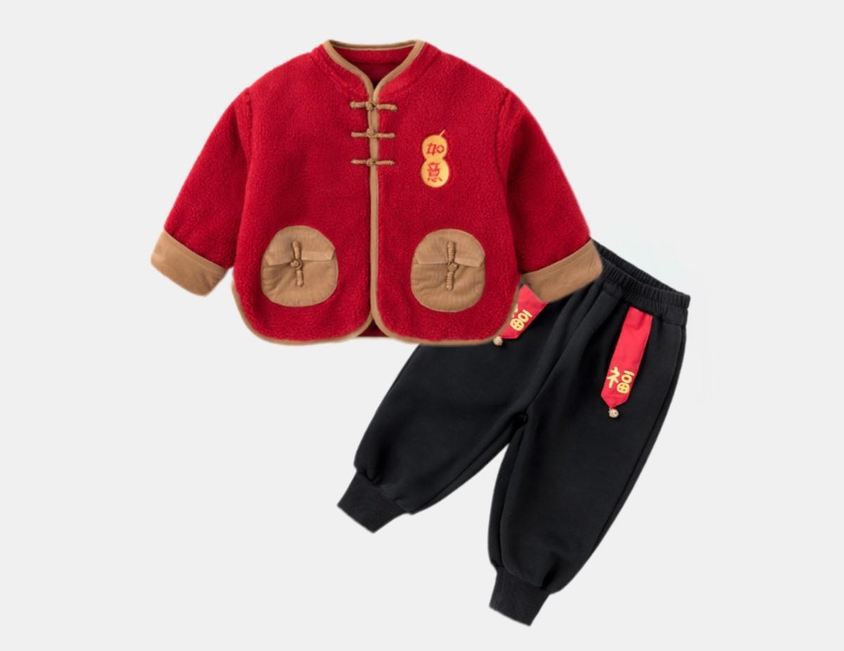 Boy and Girl long-sleeve Cheongsam outfit Children's Chinese New year Qipao Jacket outfit Traditional pattern Red jacket with back pants