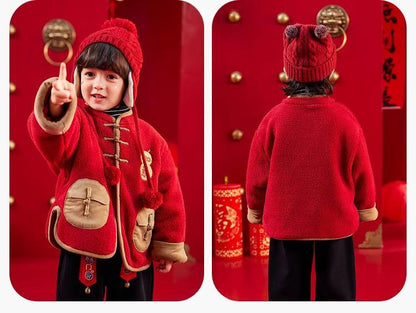 Boy and Girl long-sleeve Cheongsam outfit Children's Chinese New year Qipao Jacket outfit Traditional pattern Red jacket with back pants