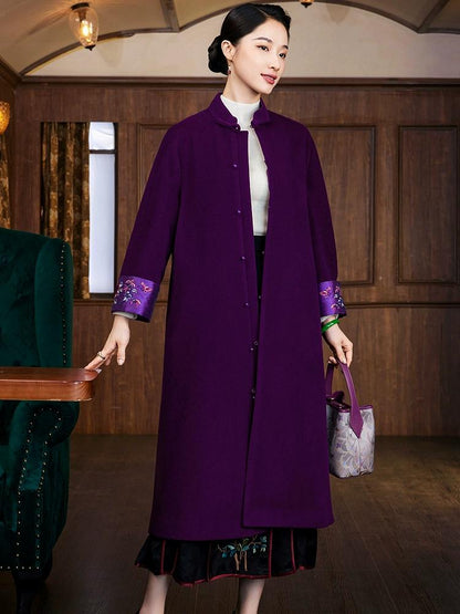 Purple Winter Wool Chinese Style Embroidered Overcoat - Classic Noble Long Jacket for Women