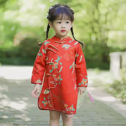 Red Orange Girl's Qipao Traditional long-sleeve princess children's cheongsam flower girl dress Red New Year outfit