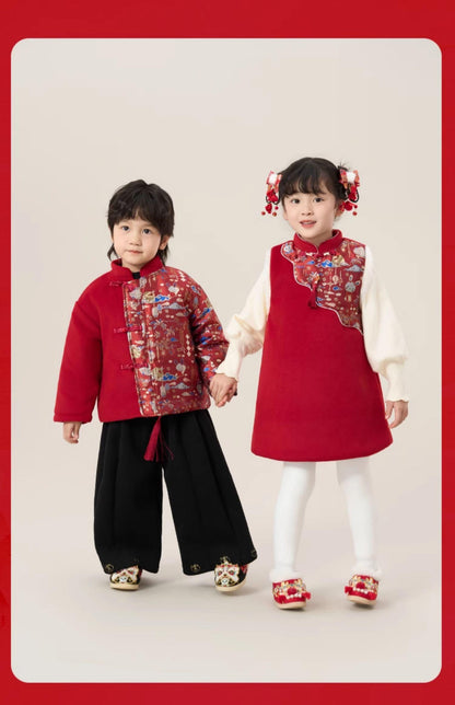 Boy and Girl Qipao Jacket and Dress Children's Chinese New year cheongsam outfit Traditional pattern Red Dress for Kids