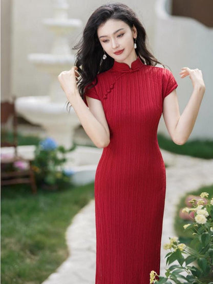 Wine Red Chinese Modern Cheongsam, traditional Qipao, Long Length Daily Wear Prom dress Evening Gown Wedding Guest Dress Retro Dress