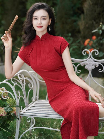 Wine Red Chinese Modern Cheongsam, traditional Qipao, Long Length Daily Wear Prom dress Evening Gown Wedding Guest Dress Retro Dress