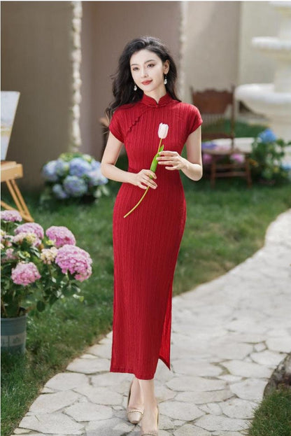 Wine Red Chinese Modern Cheongsam, traditional Qipao, Long Length Daily Wear Prom dress Evening Gown Wedding Guest Dress Retro Dress