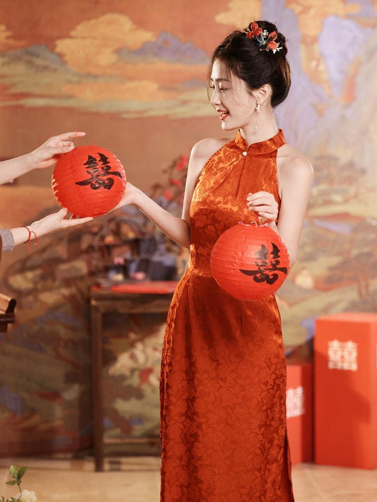 Orange Red Sleeveless Cheongsam, Summer Chinese Qipao, Halterneck dress, Dinner Dress