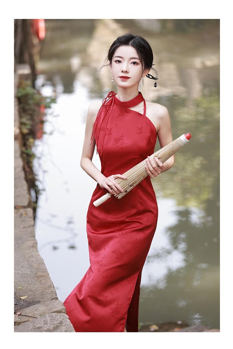 Wine Red Sleeveless Cheongsam Simple Wedding Dress Summer Chinese Qipao Daily Wear Halterneck dress ball gowns tea ceremony dress