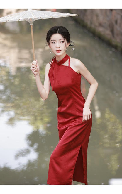 Wine Red Sleeveless Cheongsam Simple Wedding Dress Summer Chinese Qipao Daily Wear Halterneck dress ball gowns tea ceremony dress