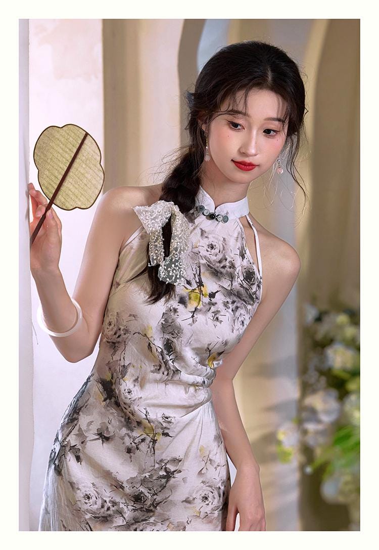 Sleeveless Cheongsam, Summer Chinese Qipao, long length Daily Wear Halterneck dress Modern Chinese Dress Bridesmaid dress