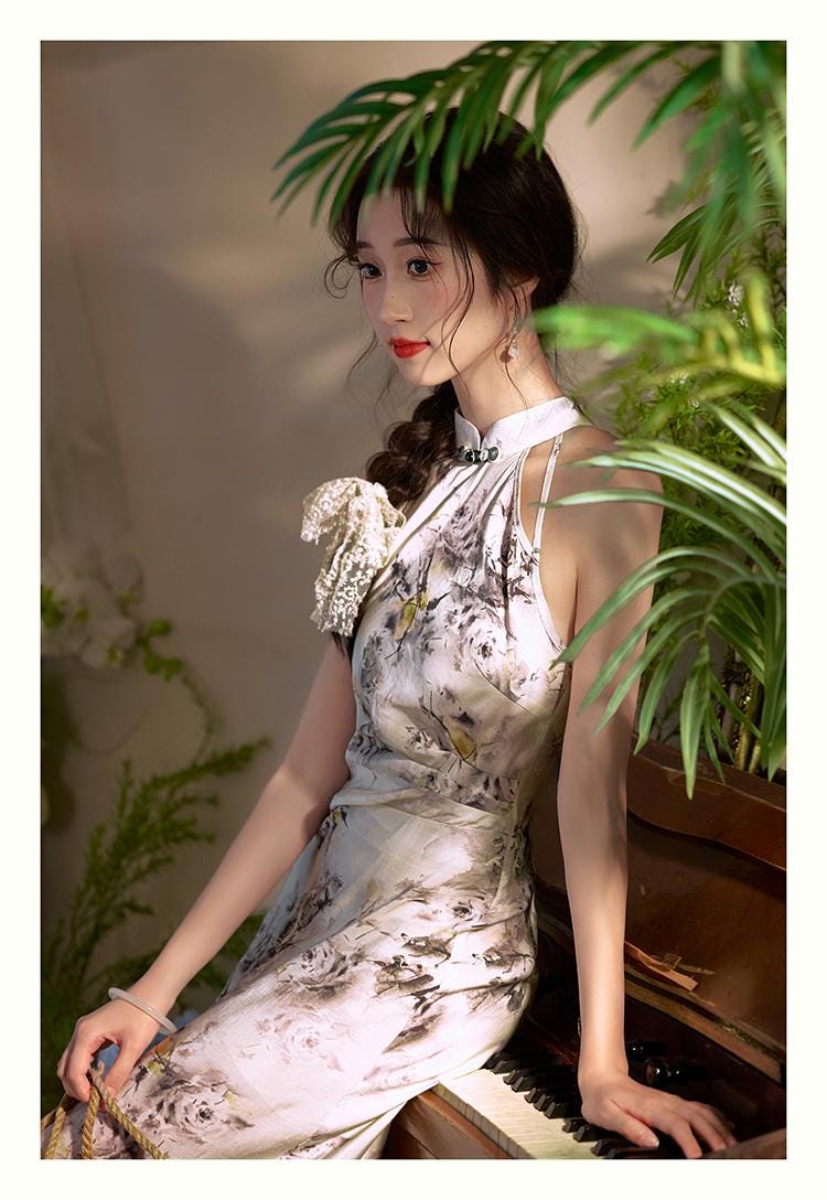 Sleeveless Cheongsam, Summer Chinese Qipao, long length Daily Wear Halterneck dress Modern Chinese Dress Bridesmaid dress