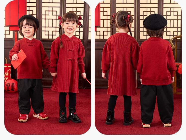 Boy's Sweater Girl's Qipao Pattern long-sleeve Shirt Children's Chinese New year cheongsam outfit Traditional Red Dress for Girl