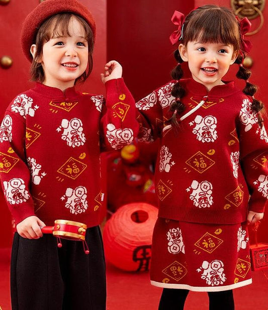 Boy Girl Outfit long-sleeve Sweater Children's 福 Fu Pattern Chinese New year cheongsam outfit Traditional pattern Red outfit for Kids