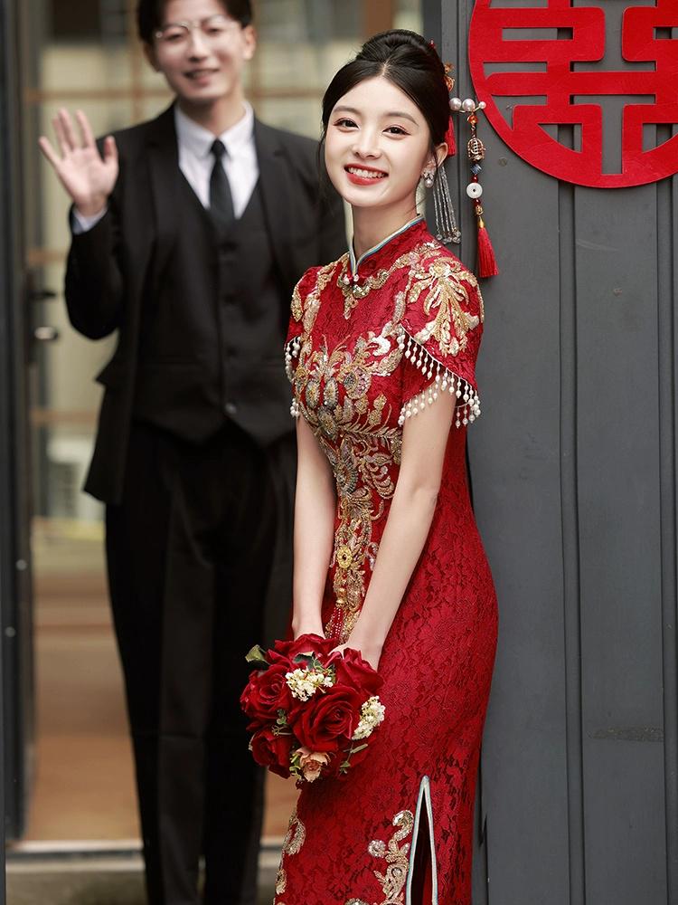 Red Traditional Chinese Wedding Dress Cheongsam Qipao Dress Long Tea Ceremony Dress Bridal Shower Dress