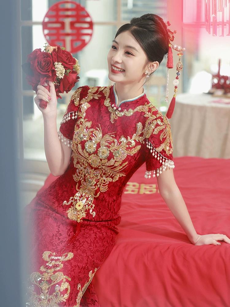 Red Traditional Chinese Wedding Dress Cheongsam Qipao Dress Long Tea Ceremony Dress Bridal Shower Dress