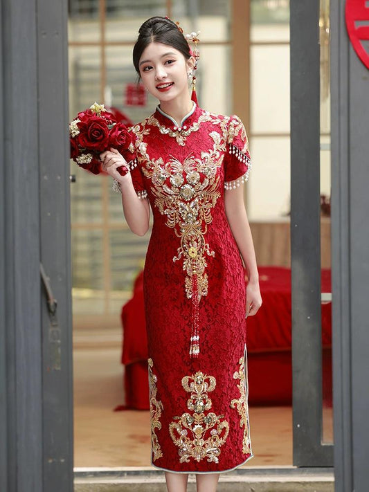 Red Traditional Chinese Wedding Dress Cheongsam Qipao Dress Long Tea Ceremony Dress Bridal Shower Dress